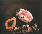 Mota, Jose de la still life of papaya,watermelon and cashew USA oil painting artist
